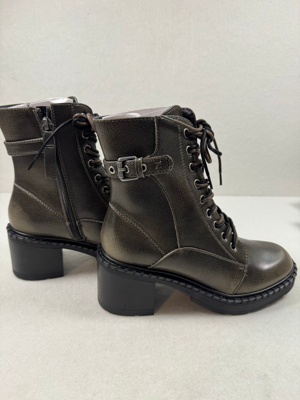 Zodiac Women's New Paxon Lace Up Block Heel Combat Boots Metallic Olive Green 6M